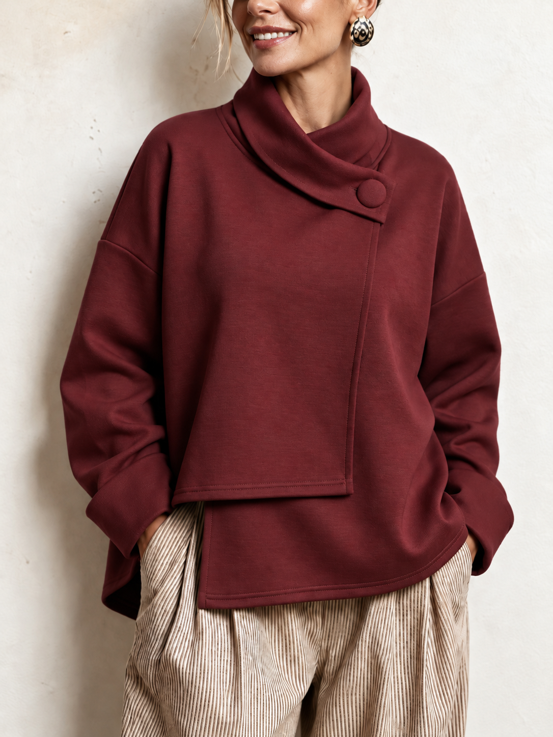 Elegant Relaxed Asymmetric Button High-Neck Cotton Sweatshirt