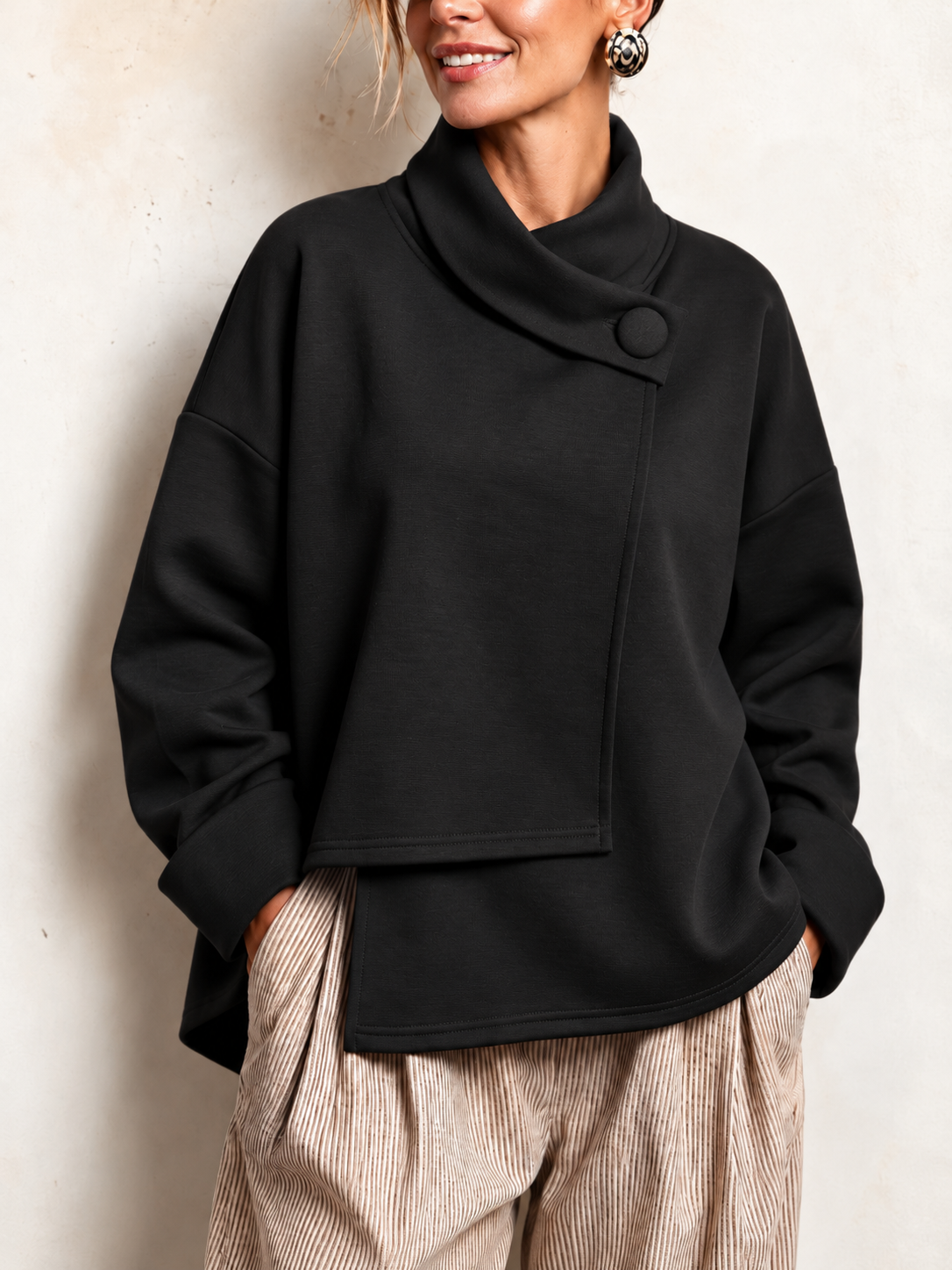 Elegant Relaxed Asymmetric Button High-Neck Cotton Sweatshirt