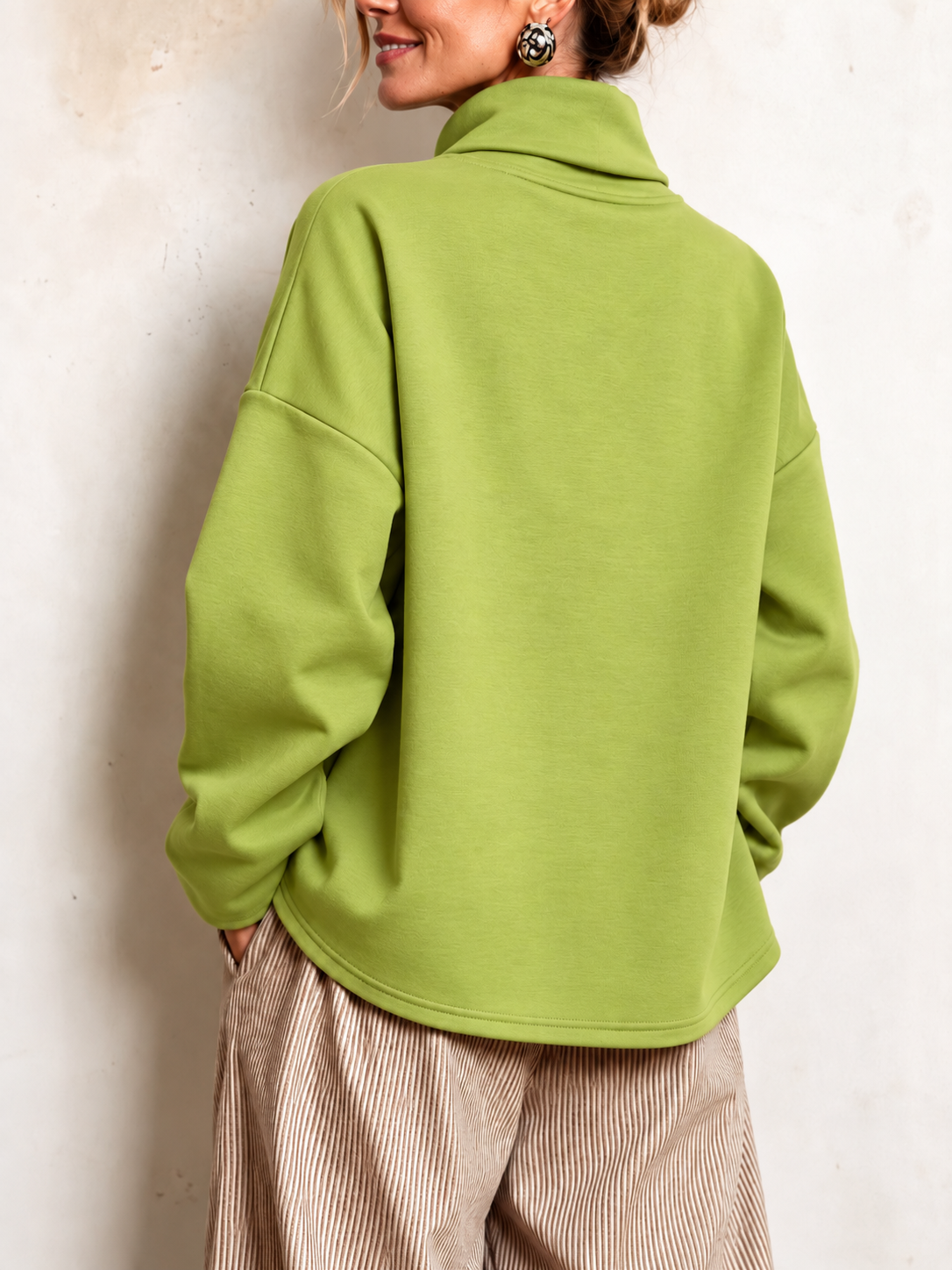 Elegant Relaxed Asymmetric Button High-Neck Cotton Sweatshirt