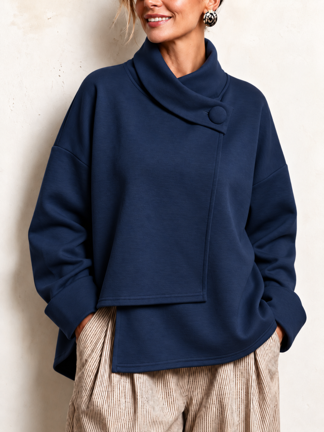 Elegant Relaxed Asymmetric Button High-Neck Cotton Sweatshirt