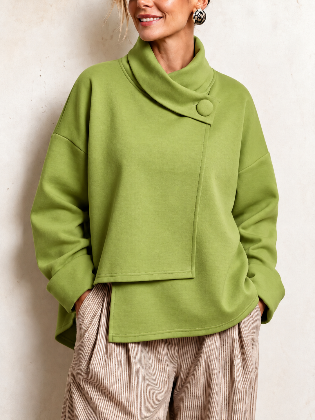 Elegant Relaxed Asymmetric Button High-Neck Cotton Sweatshirt