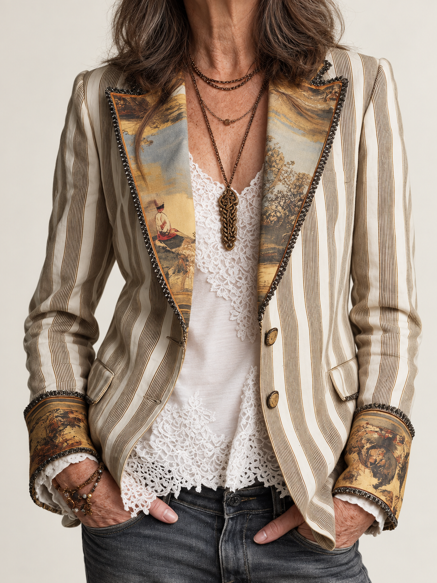 Women’s Boho Striped Printed Lapel Blazer