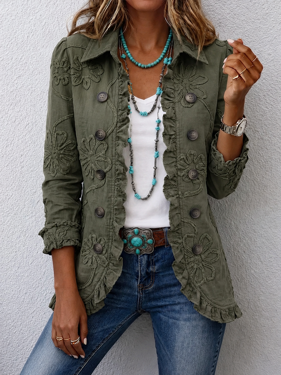 Kamberly | Boho-Chic Floral Embroidered Utility Ruffled Trim Jacket