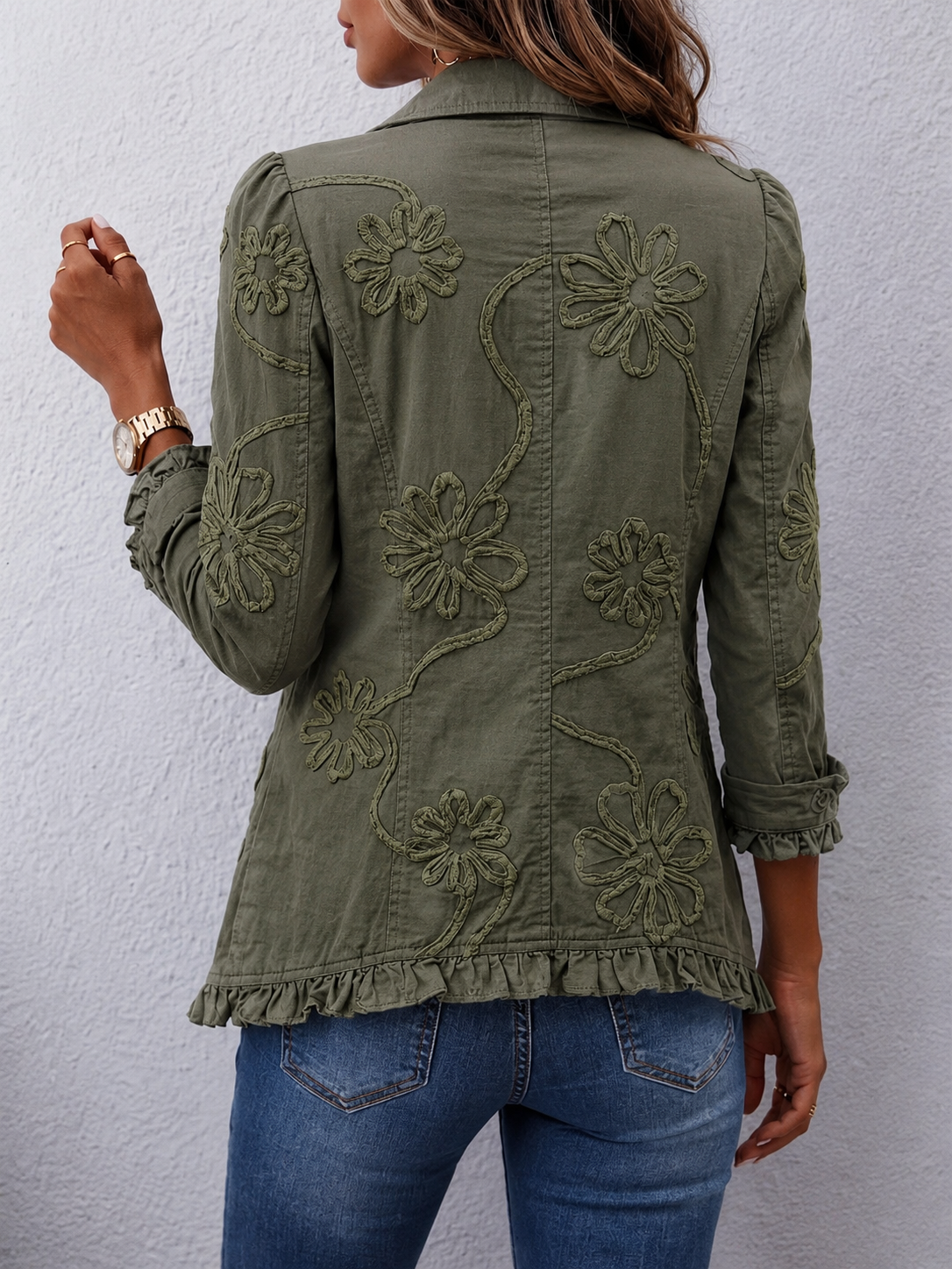 Kamberly | Boho-Chic Floral Embroidered Utility Ruffled Trim Jacket