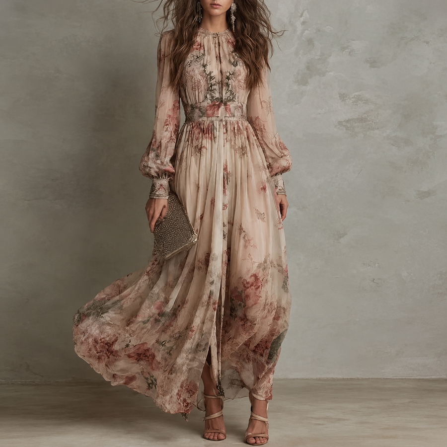 Amelie | Vintage Floral High-Neck Maxi Dress for Women