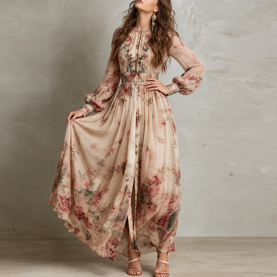 Amelie | Vintage Floral High-Neck Maxi Dress for Women