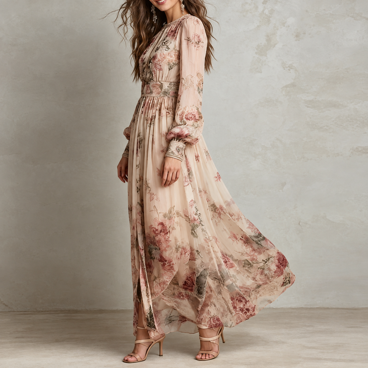 Amelie | Vintage Floral High-Neck Maxi Dress for Women