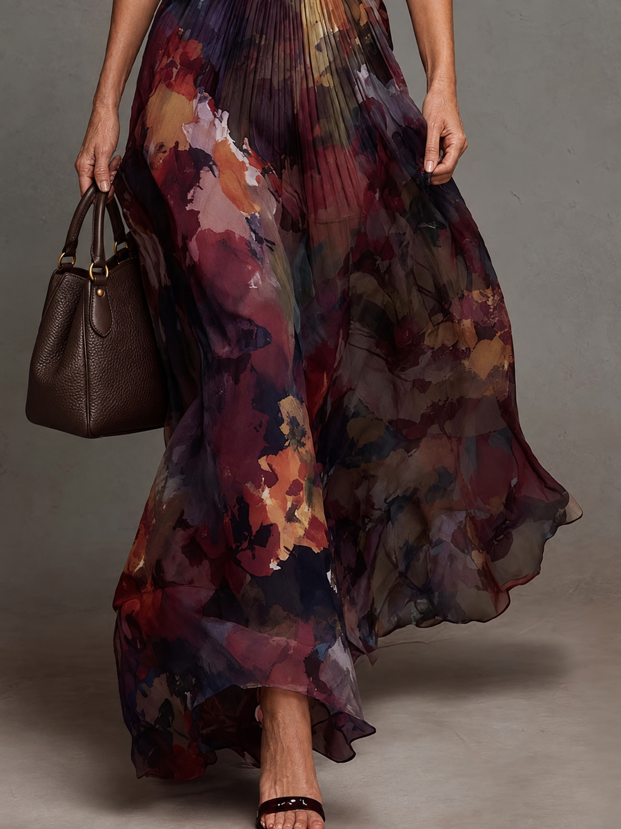 Camellia | Watercolor Floral Pleated Maxi Dress for Women