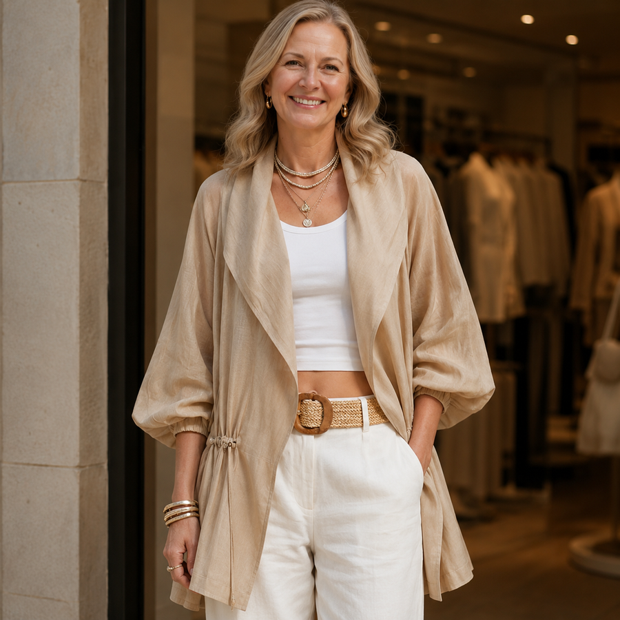 Women's Khaki Linen Blend Sheer Jacket With Lapel Collar Balloon Three Quarter Sleeves & Waist Drawstring, Minimalist Resort Lightweight Oversized Outerwear MDZ2240G0LYL