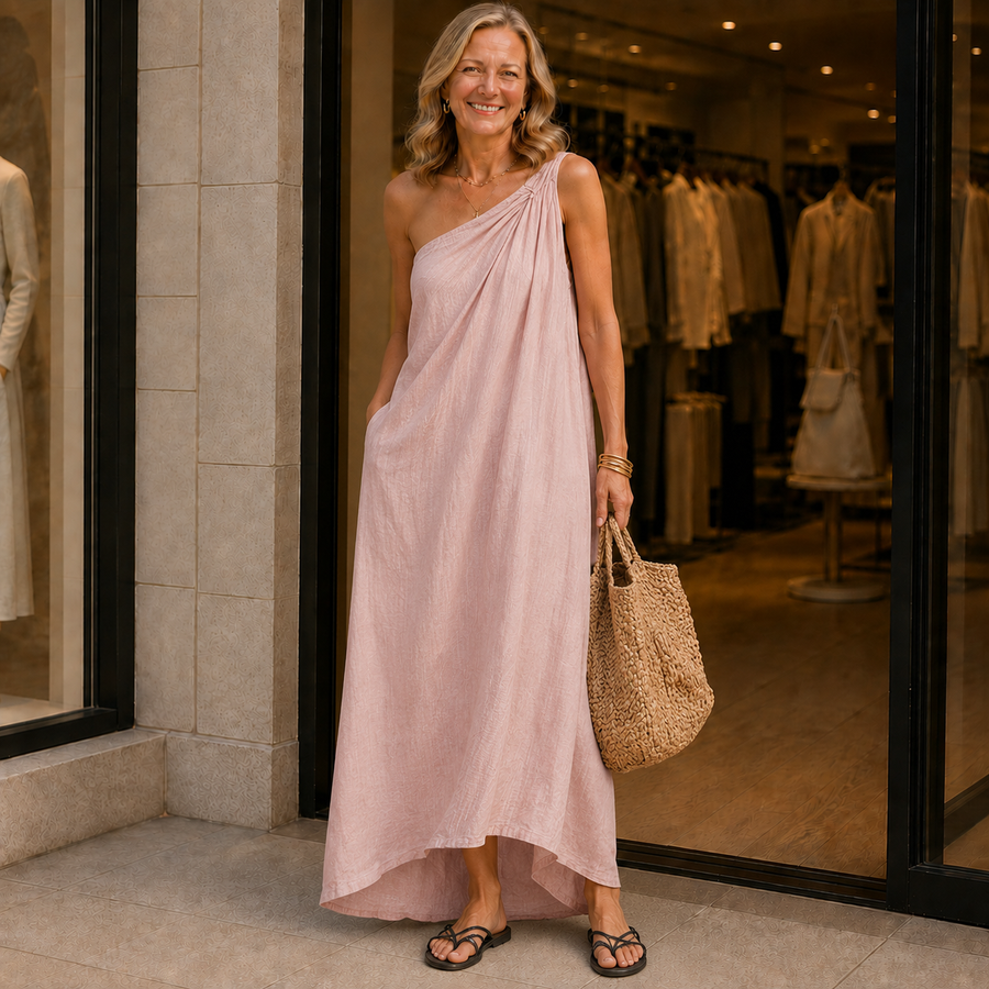 Women's Elegant Pink Cotton-Linen One-Shoulder Sleeveless Maxi Dress MDZ0829E1LXY