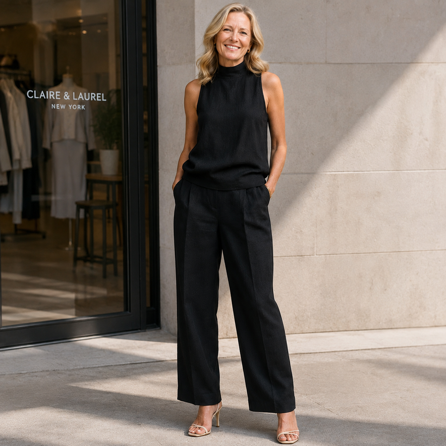Women's Elegant Black Cotton And Linen Round-neck Sleeveless Top And Trousers Set MDZ1441A4AN
