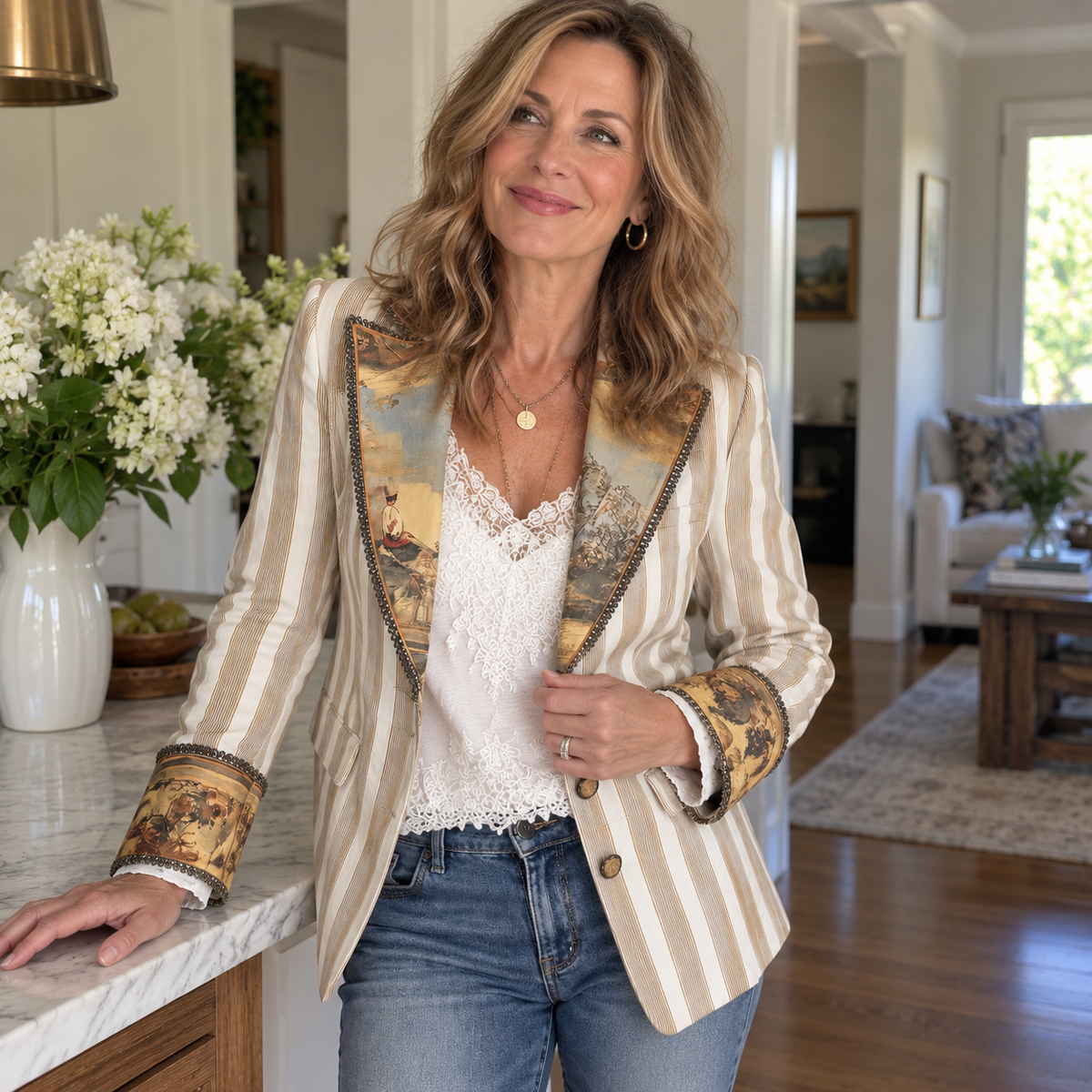 Women’s Boho Striped Printed Lapel Blazer