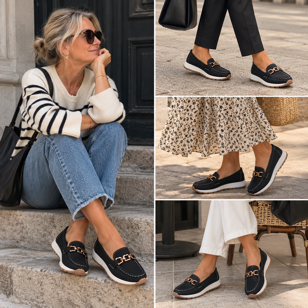 Collage of black loafer sneakers styled with jeans, tailored trousers, a floral skirt and white pants
