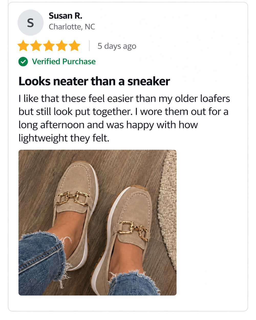 Sample review card preview with women's loafers