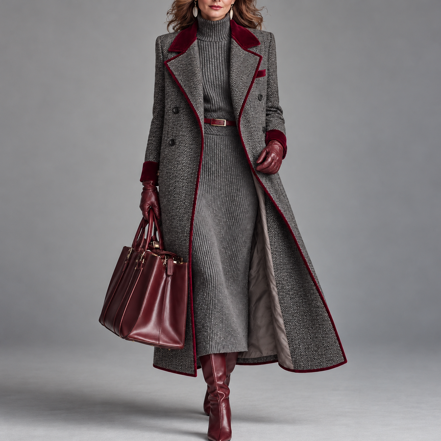 The Heritage™ | Elegant Herringbone Wool Long Coat with Velvet Trim