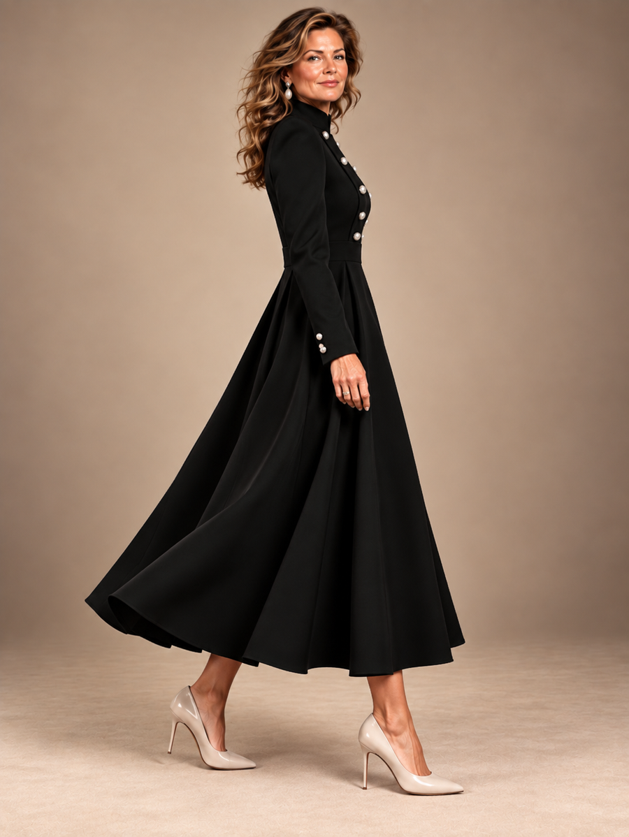 Military Style Double-Breasted Button Slit Maxi Dress