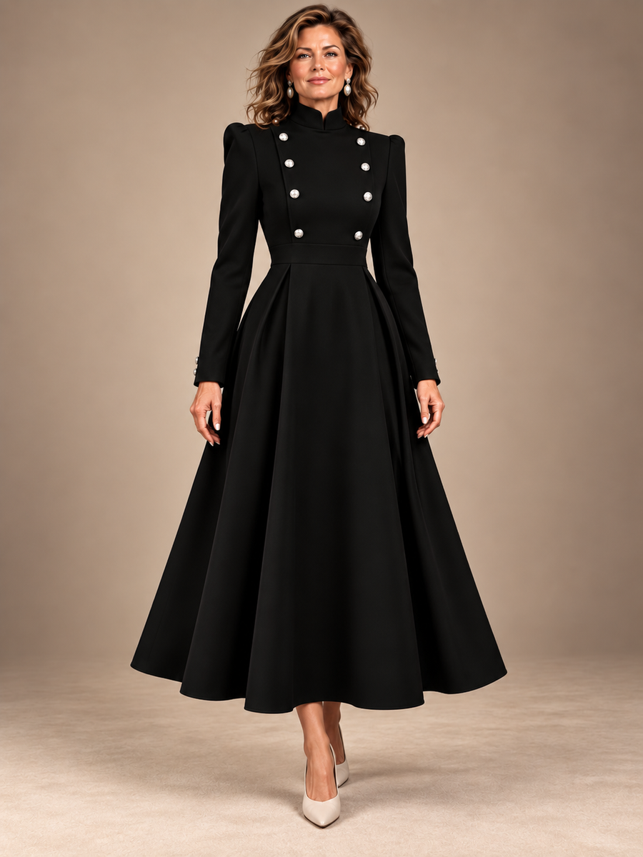 Military Style Double-Breasted Button Slit Maxi Dress