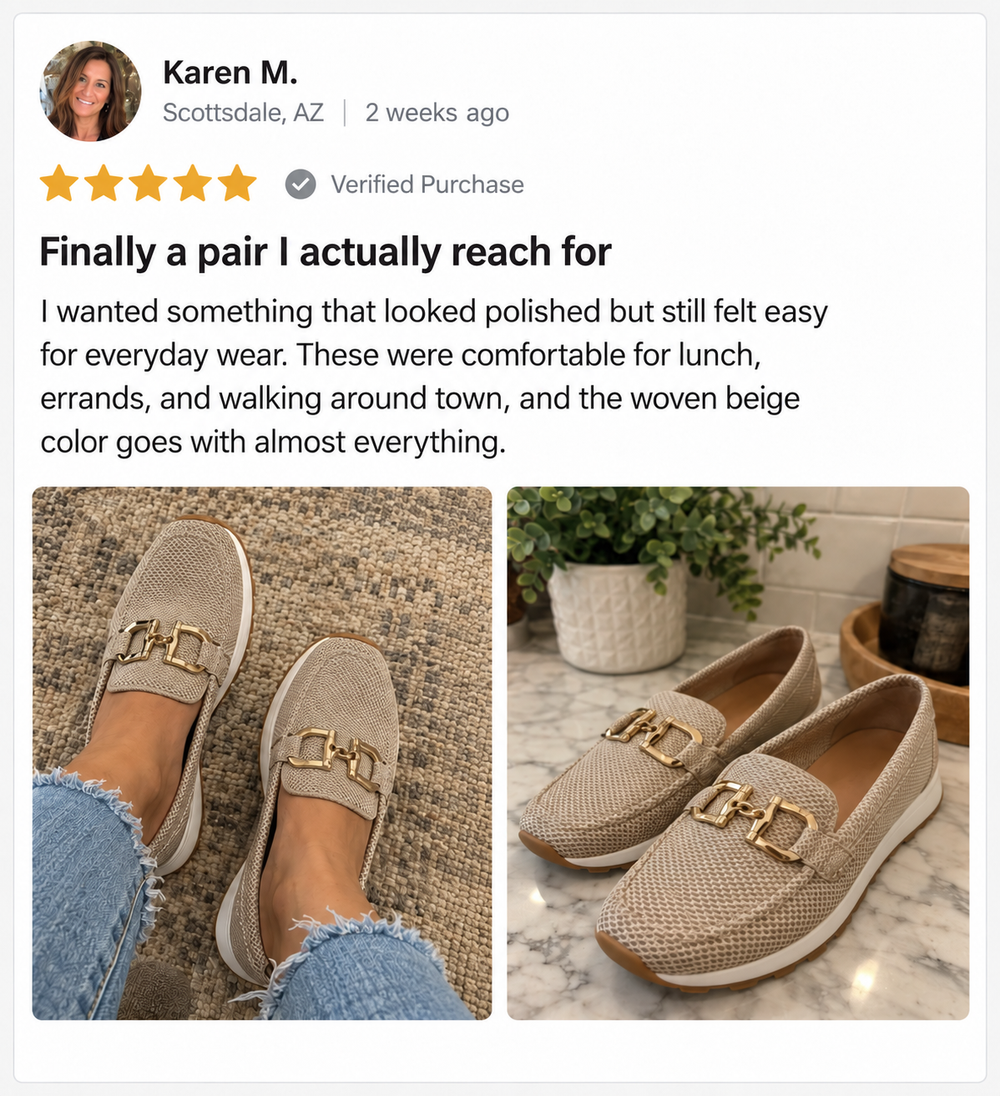Sample review card preview with women's loafers