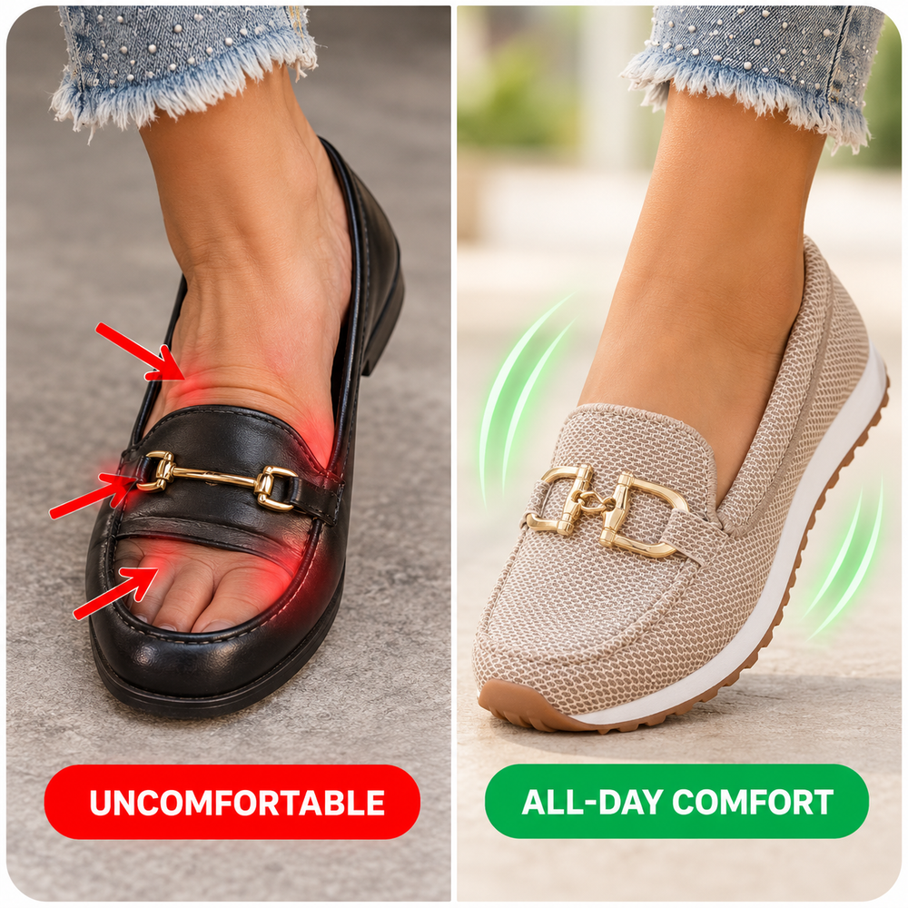 Illustrative comparison between a traditional stiff loafer and a cushioned loafer sneaker.