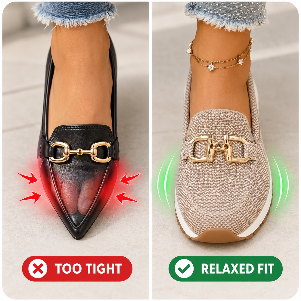 Illustrative comparison of a tight pointed-toe loafer and a relaxed-fit loafer sneaker