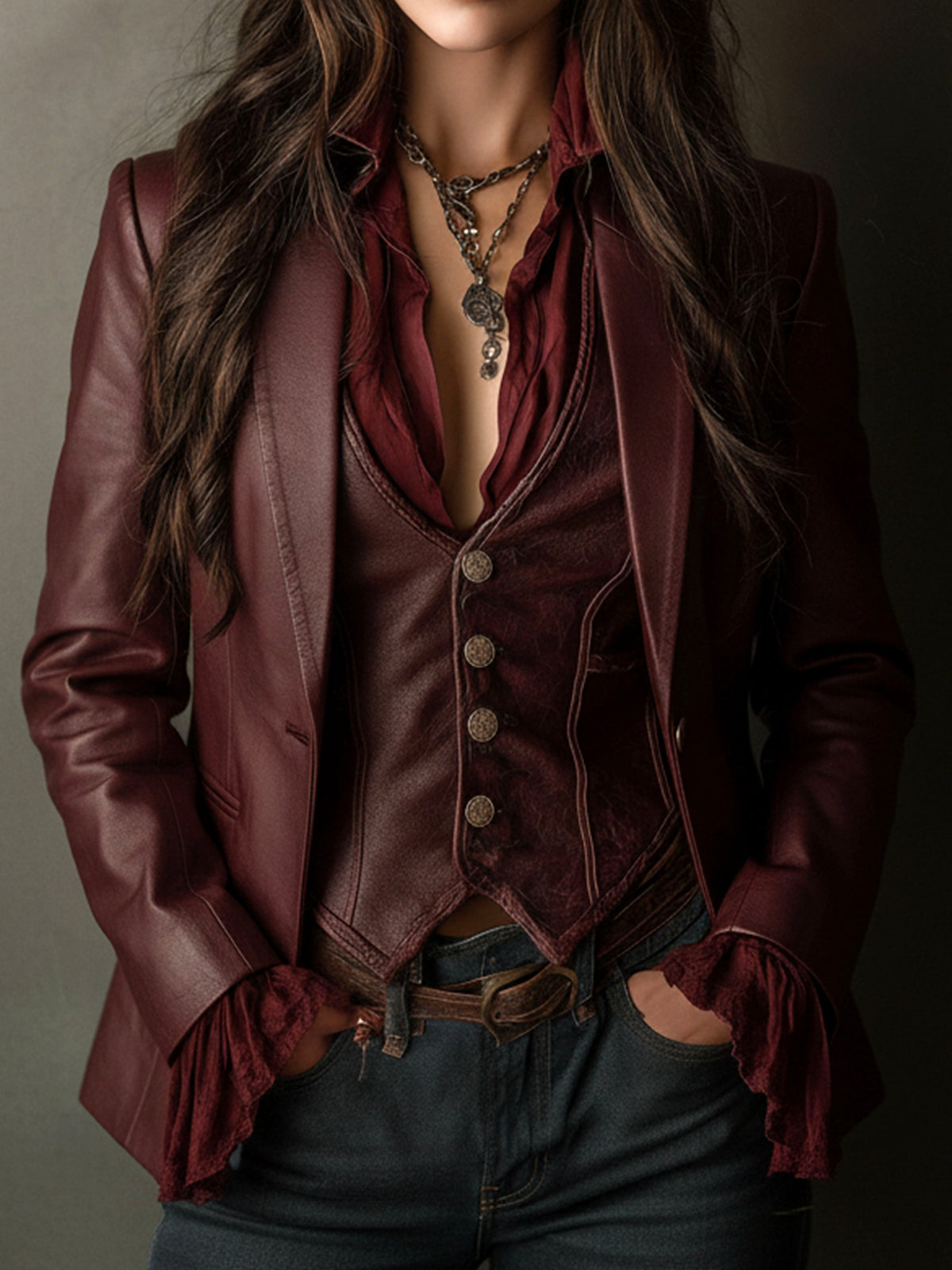 Vintage Burgundy Eco Leather Blazer