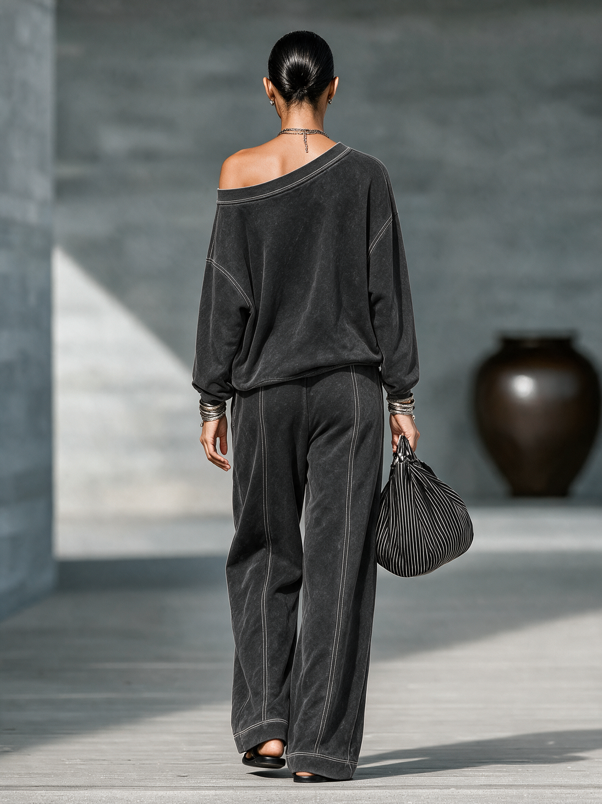Women's Vintage Casual Faded One-Shoulder Sweatshirt And Straight-Leg Pants Set MDZ1996H3WY