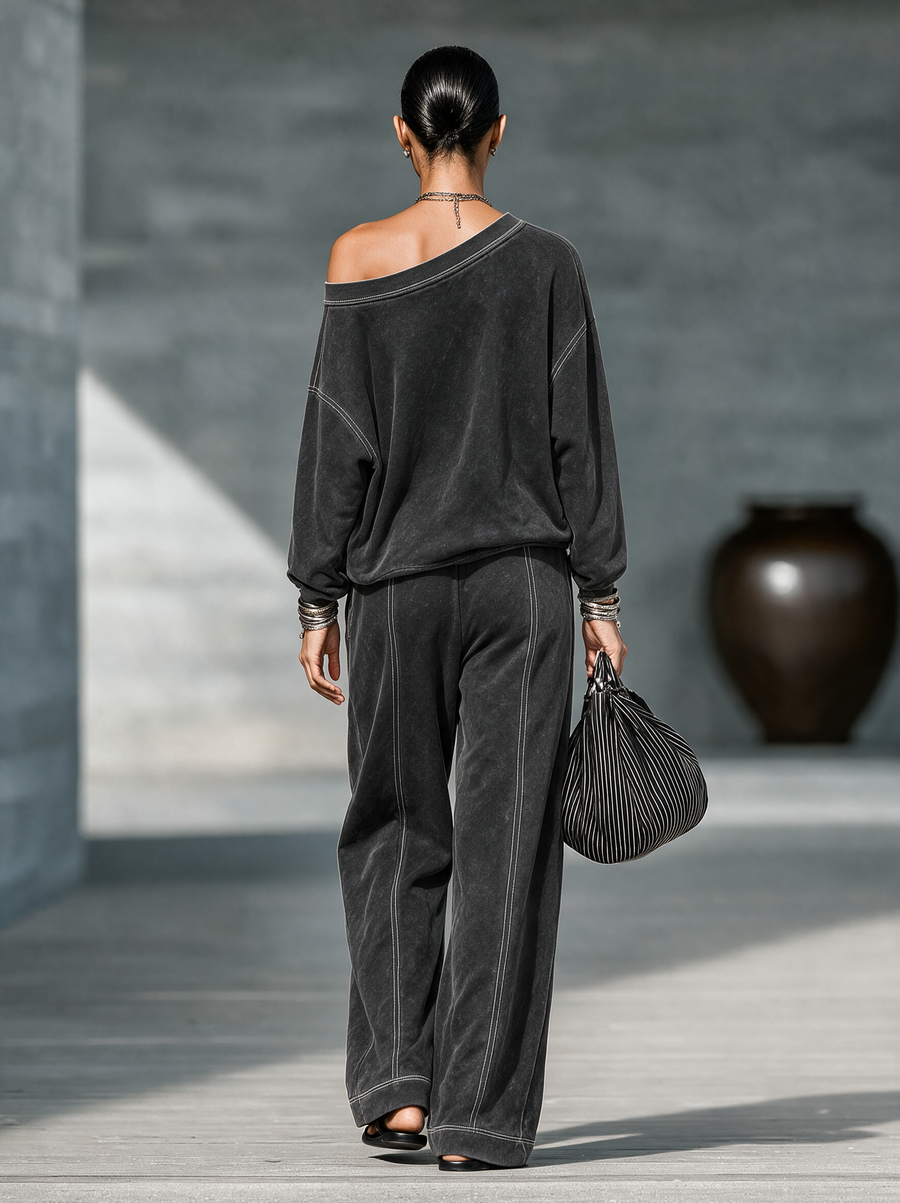 Women's Vintage Casual Faded One-Shoulder Sweatshirt And Straight-Leg Pants Set MDZ1996H3WY