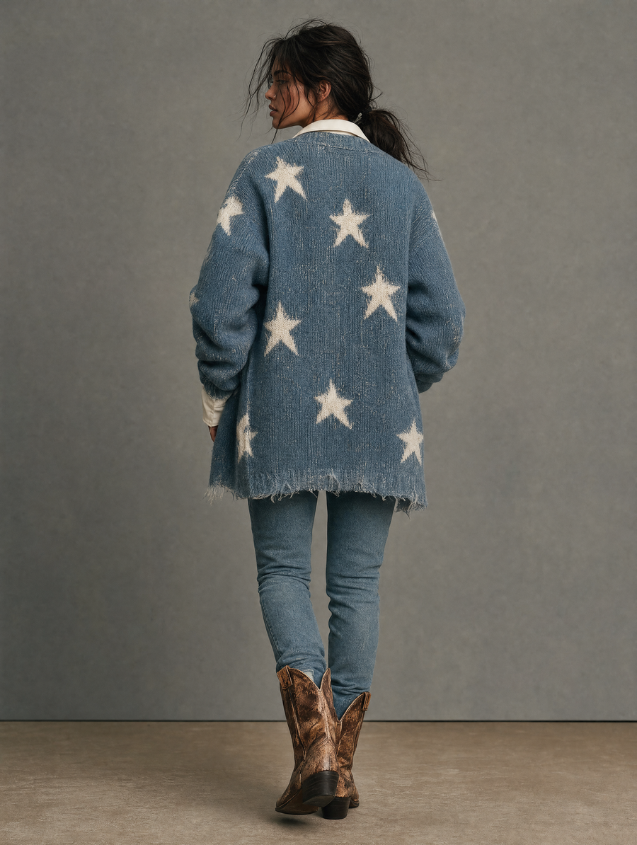 Women's Vintage Casual Star-Jacquard Cardigan With Frayed Hem MDZ2186H8WY