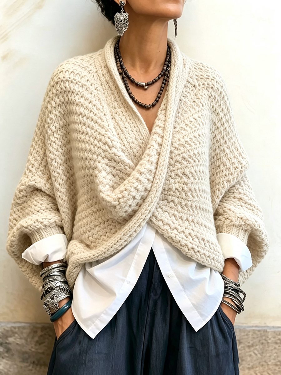 Cozy Relaxed Batwing Sleeve Crossover V-Neck Cotton Sweater