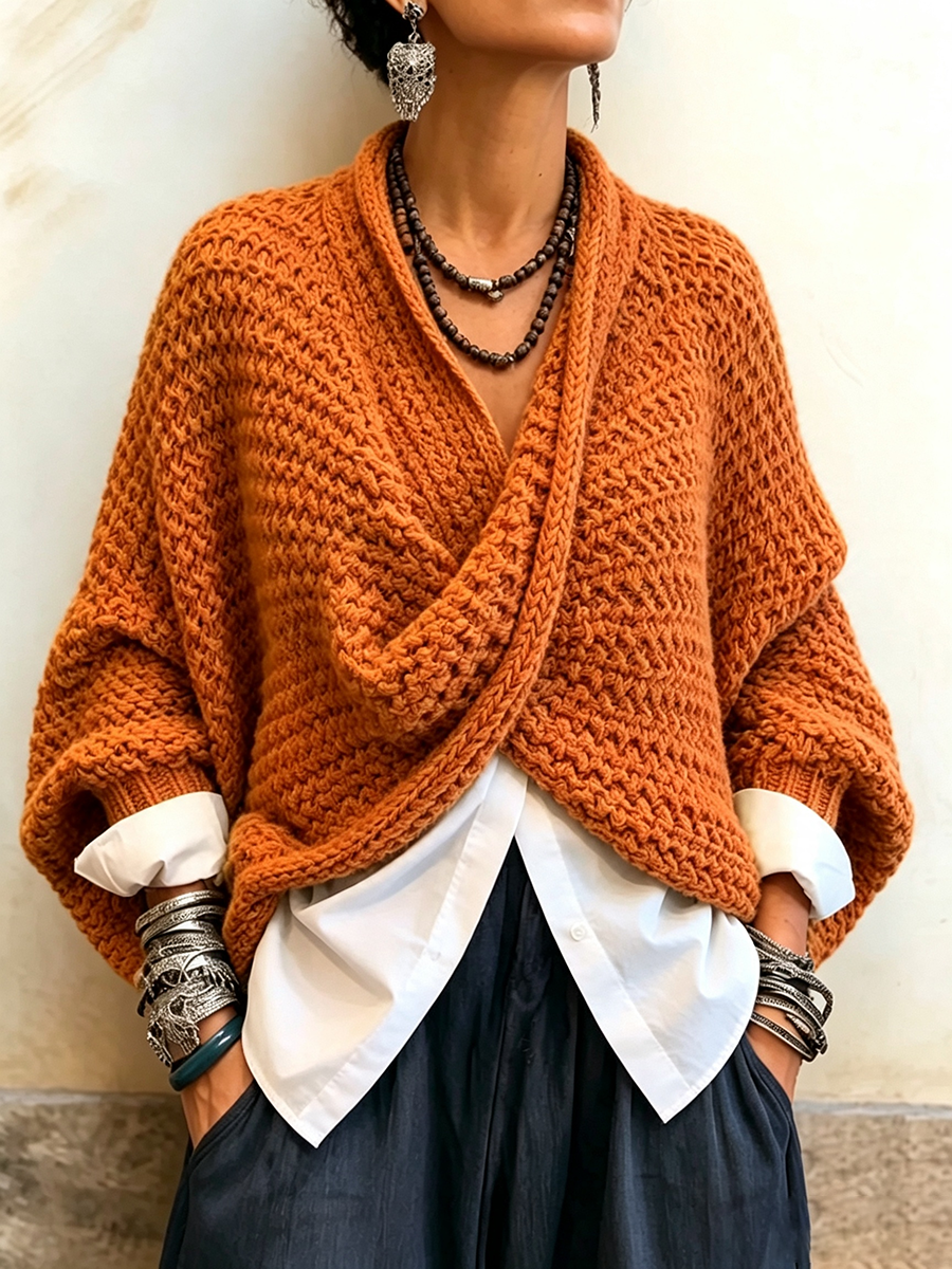 Cozy Relaxed Batwing Sleeve Crossover V-Neck Cotton Sweater
