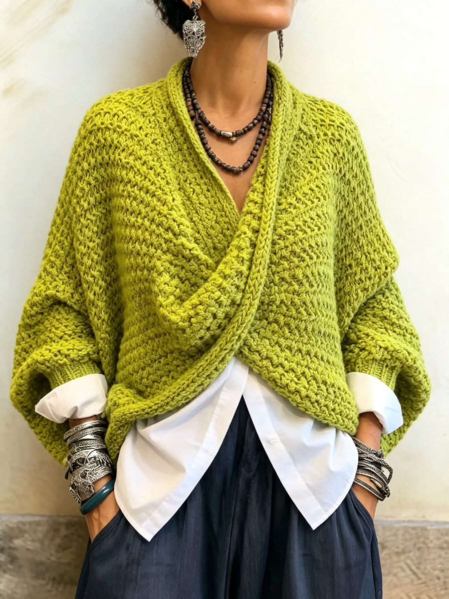 Cozy Relaxed Batwing Sleeve Crossover V-Neck Cotton Sweater