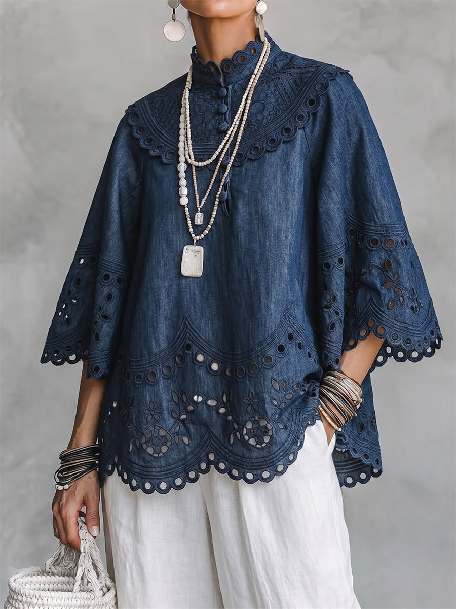 Elodie™ | Elegant Eyelet-Embroidered Cotton Blouse – Indigo Blue