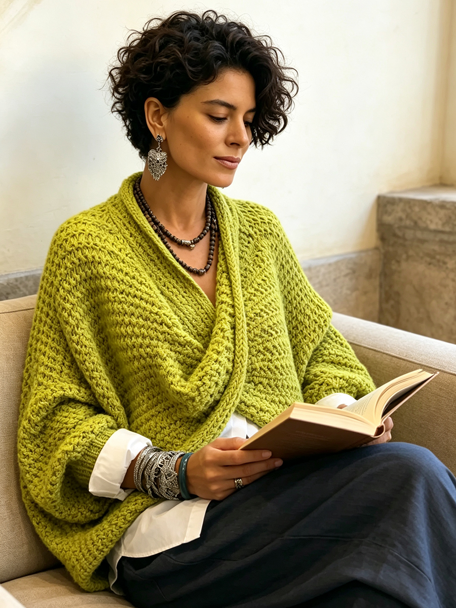 Cozy Relaxed Batwing Sleeve Crossover V-Neck Cotton Sweater