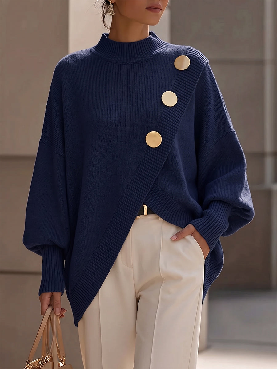 Elegant Asymmetrical Gold-Button Cotton Knit Sweater | Royal Blue