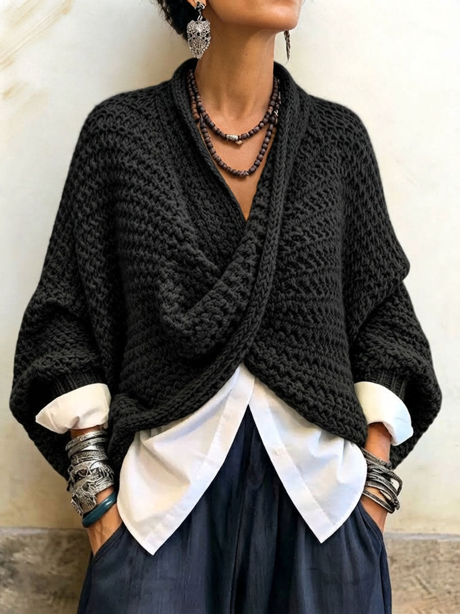 Cozy Relaxed Batwing Sleeve Crossover V-Neck Cotton Sweater