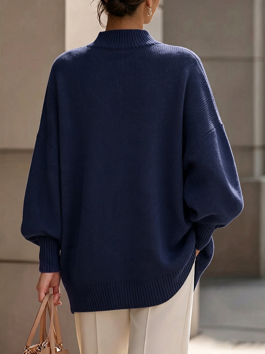 Elegant Asymmetrical Gold-Button Cotton Knit Sweater | Royal Blue