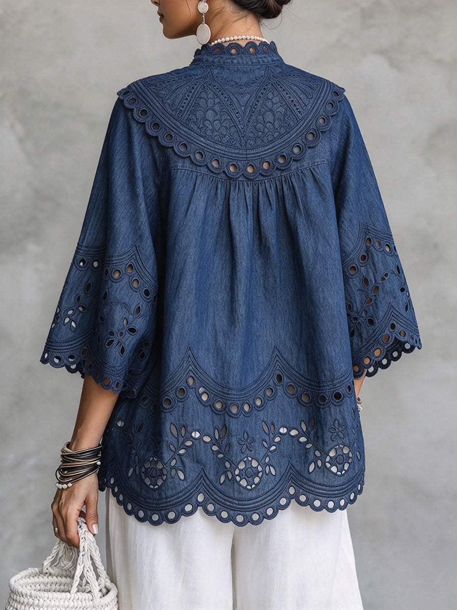 Elodie™ | Elegant Eyelet-Embroidered Cotton Blouse – Indigo Blue
